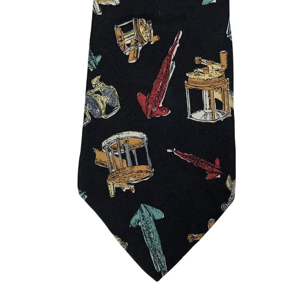 Fishing Silk Neck Tie USA Navy Blue Lures and Reels Red Tan Vintage Outdoors